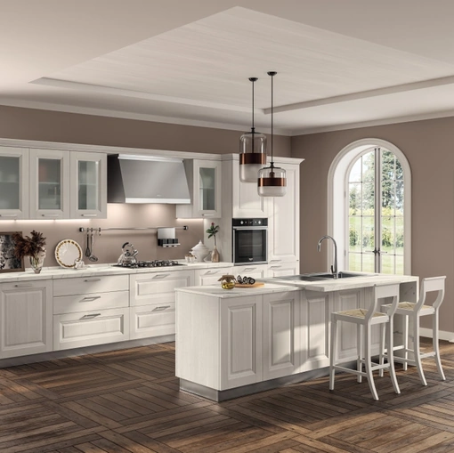 Cucina Classica con isola Family 03 in decorativo Larice Neve con isola di Scavolini