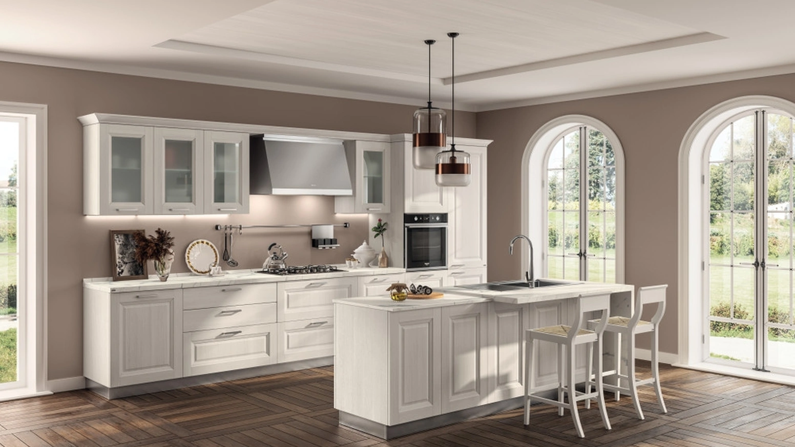 Cucina Classica con isola Family 03 in decorativo Larice Neve con isola di Scavolini