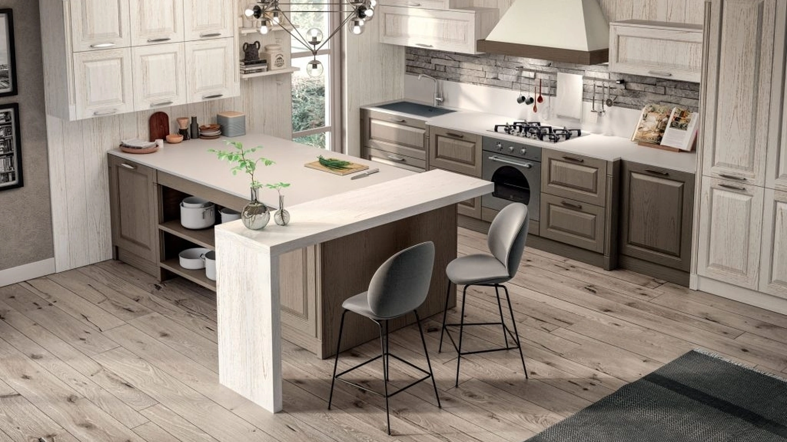 Cucina Classica con penisola Romantica 03 in Frassino Decapè di Gentili Cucine