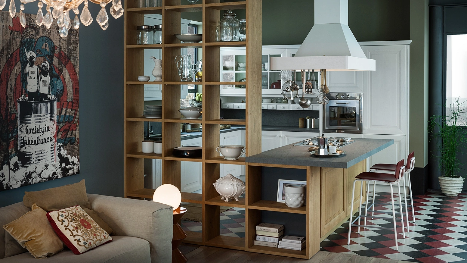 Cucina Classica con penisola Pavese 06 in Frassino laccato Bianco e Rovere naturale  di Veneta Cucine