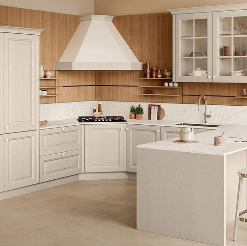 Cucina Classica con penisola Pavese 01 in Frassino laccato e Noce di Veneta Cucine