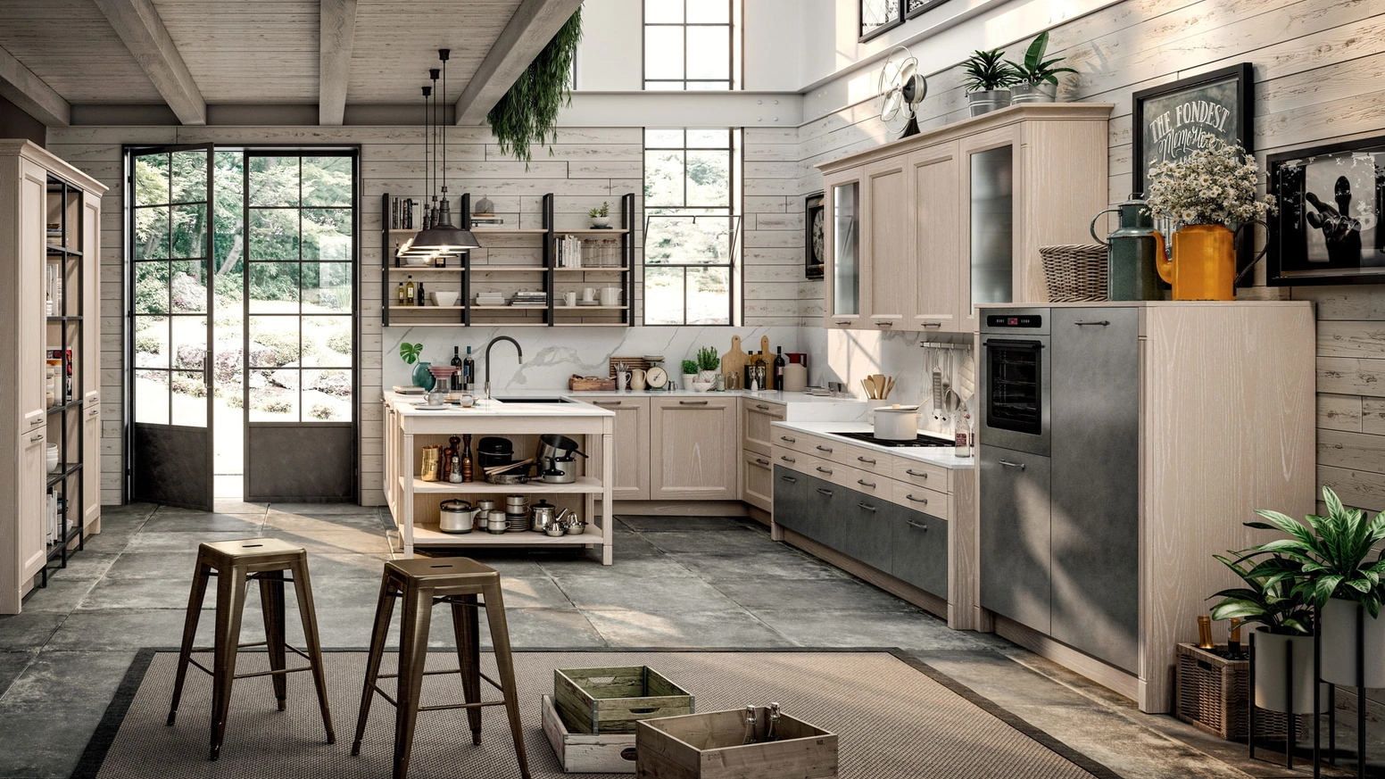 Cucina Classica angolare con penisola Village 02 in Frassino e laccato con top in Quarzo di Gentili Cucine