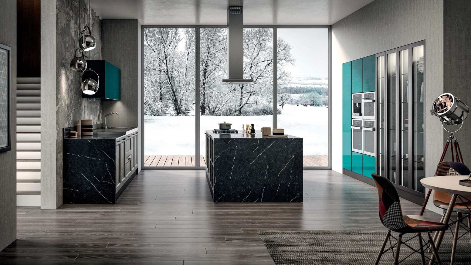 Cucina Classica con isola Village 04 in Frassino e Quarzo venato con colonne in laccato lucido di Gentili Cucine