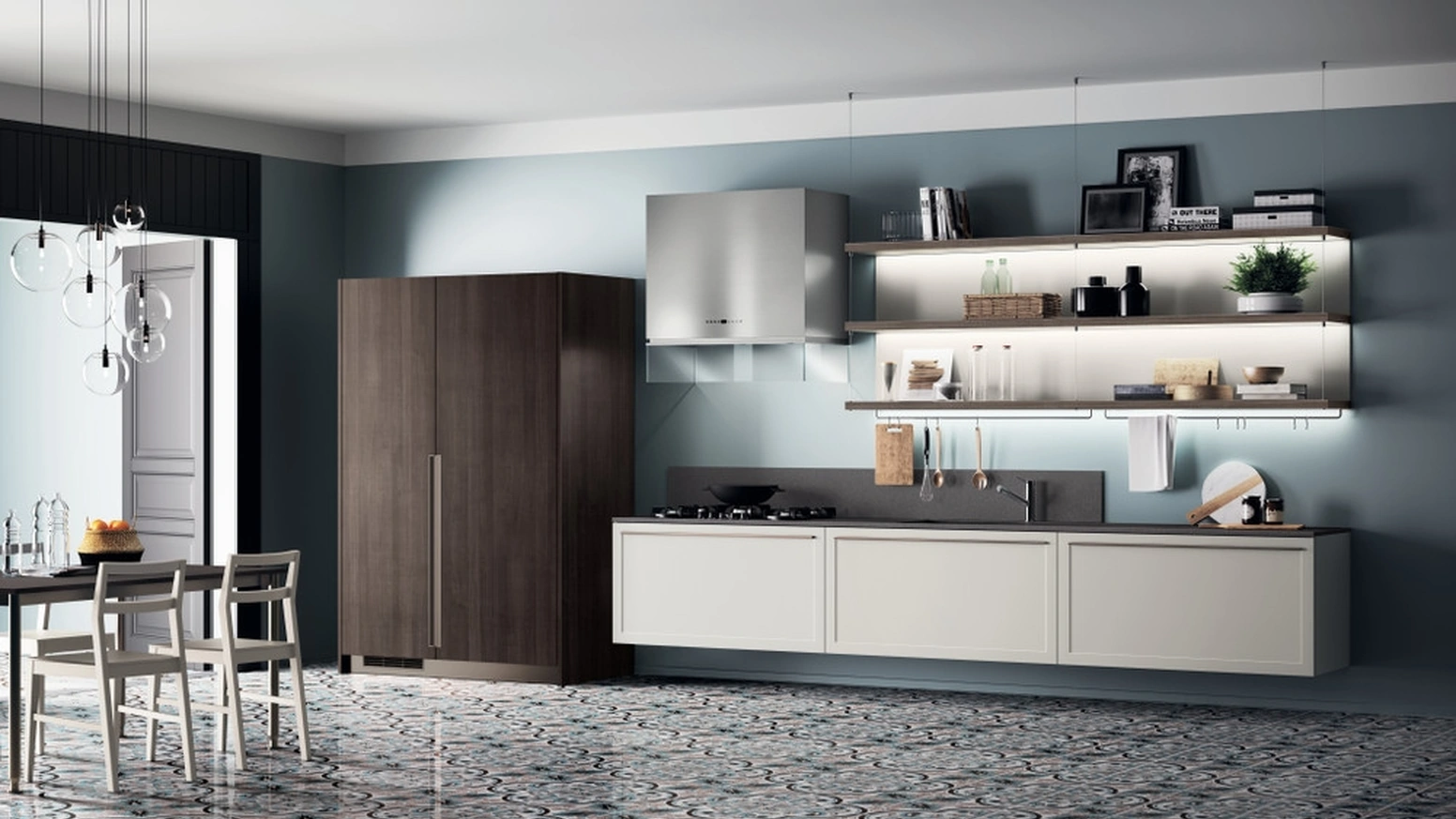 Cucina Moderna sospesa Carattere 16 in laccato Grigio con armadio in Noce Saxony di Scavolini