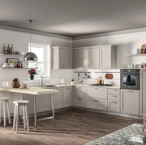 Cucina Moderna angolare con penisola Colony 02 in laccato opaco Sabbia di Scavolini
