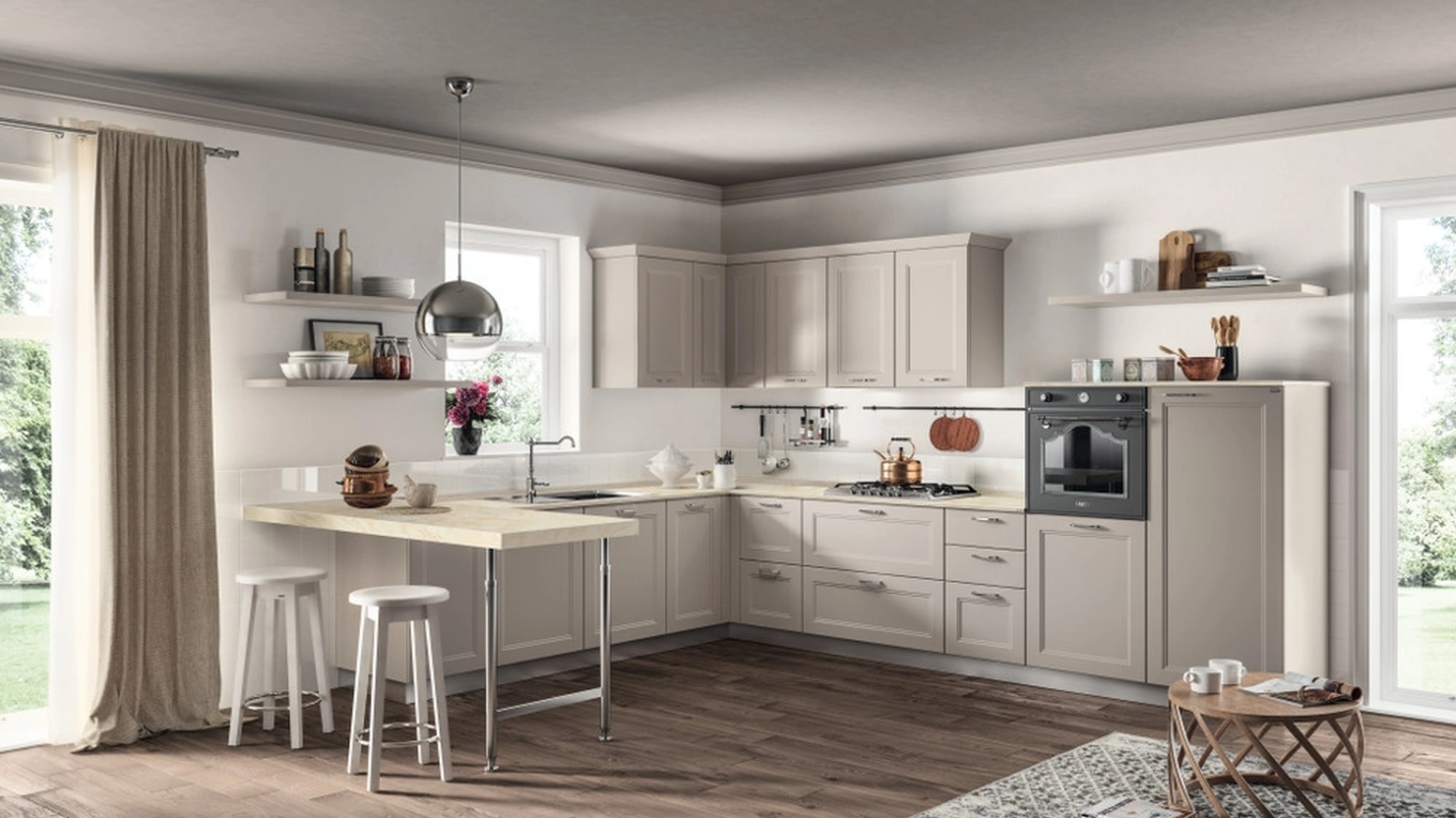 Cucina Moderna angolare con penisola Colony 02 in laccato opaco Sabbia di Scavolini