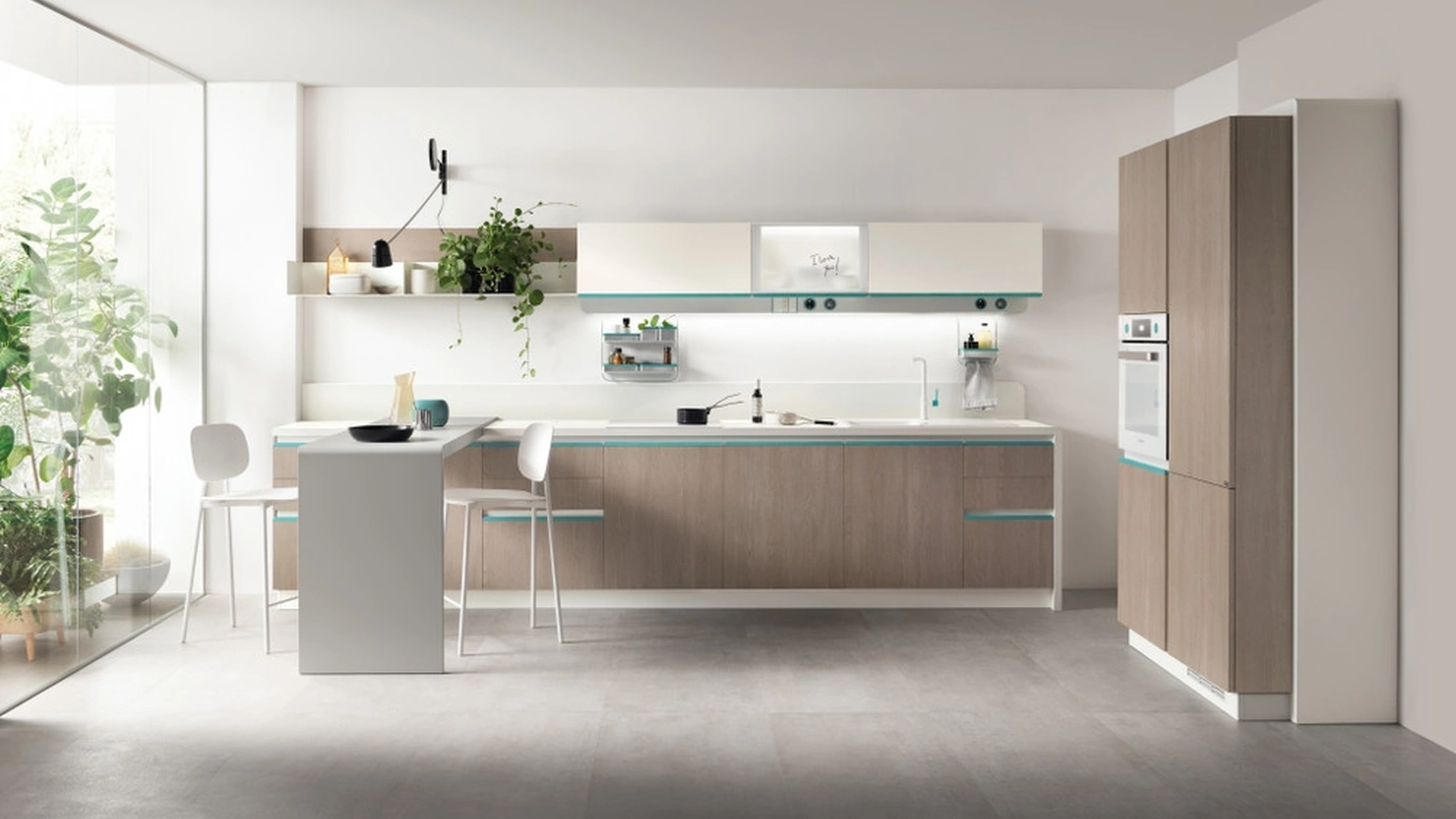Cucina Moderna Dandy Plus 06 Rovere Gessato con maniglia Blu Agave di Scavolini