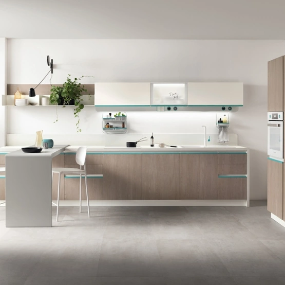 Cucina Moderna Dandy Plus 06 Rovere Gessato con maniglia Blu Agave di Scavolini