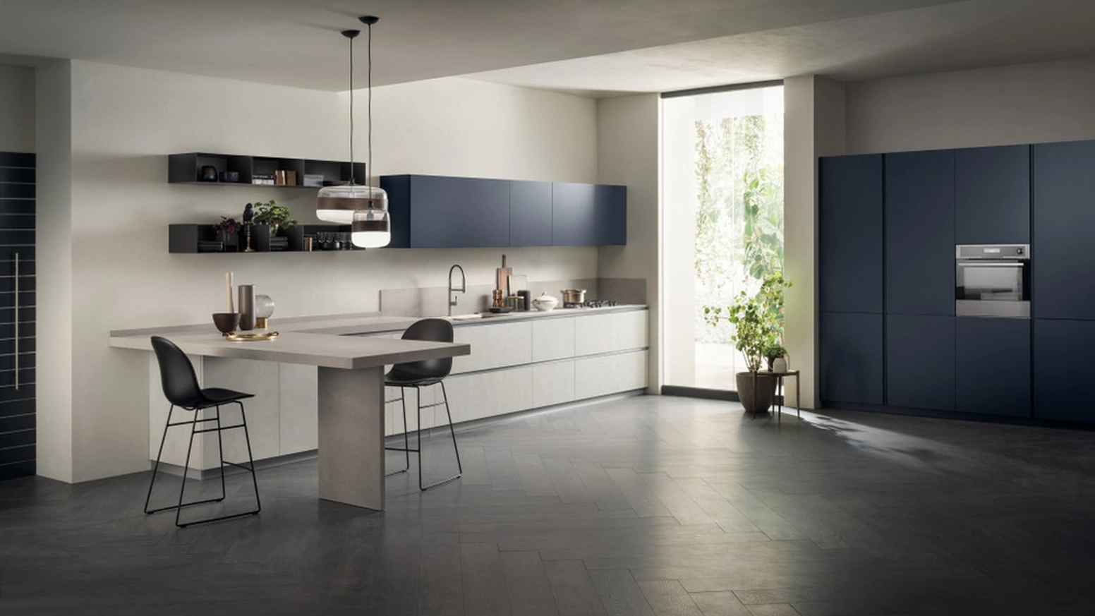 Cucina Moderna DeLinea 03 in Concrete Jersey e Blu Moon opaco di Scavolini