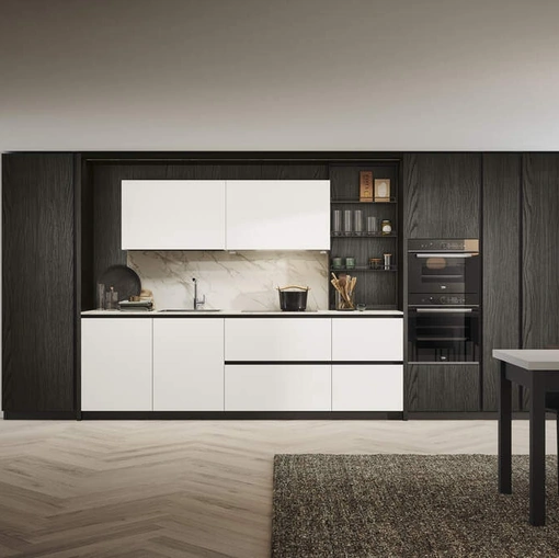 Cucina Moderna lineare Domino Composizione 03 in laminato bianco e melaminico rovere dark di Prima Cucine