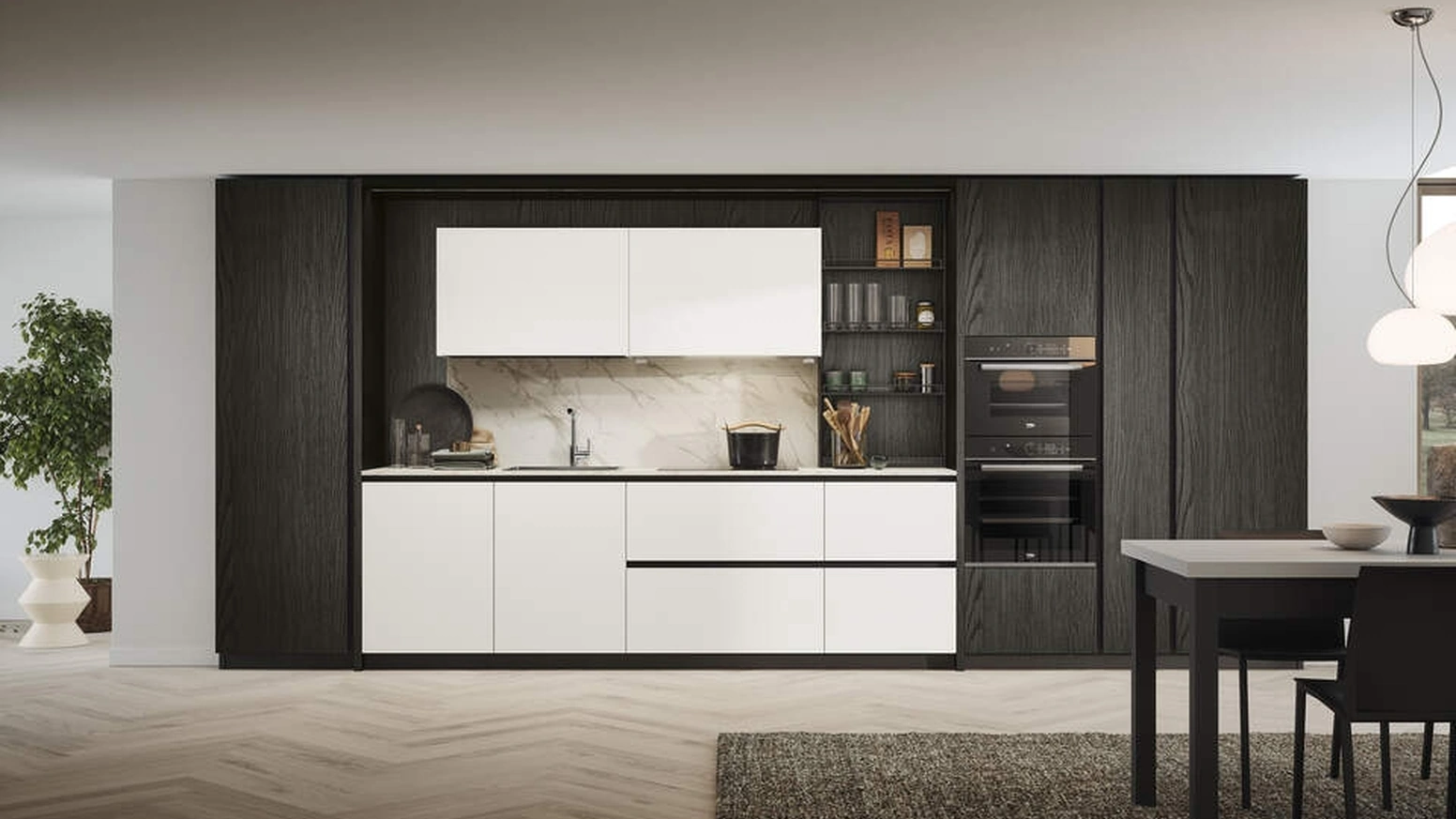 Cucina Moderna lineare Domino Composizione 03 in laminato bianco e melaminico rovere dark di Prima Cucine