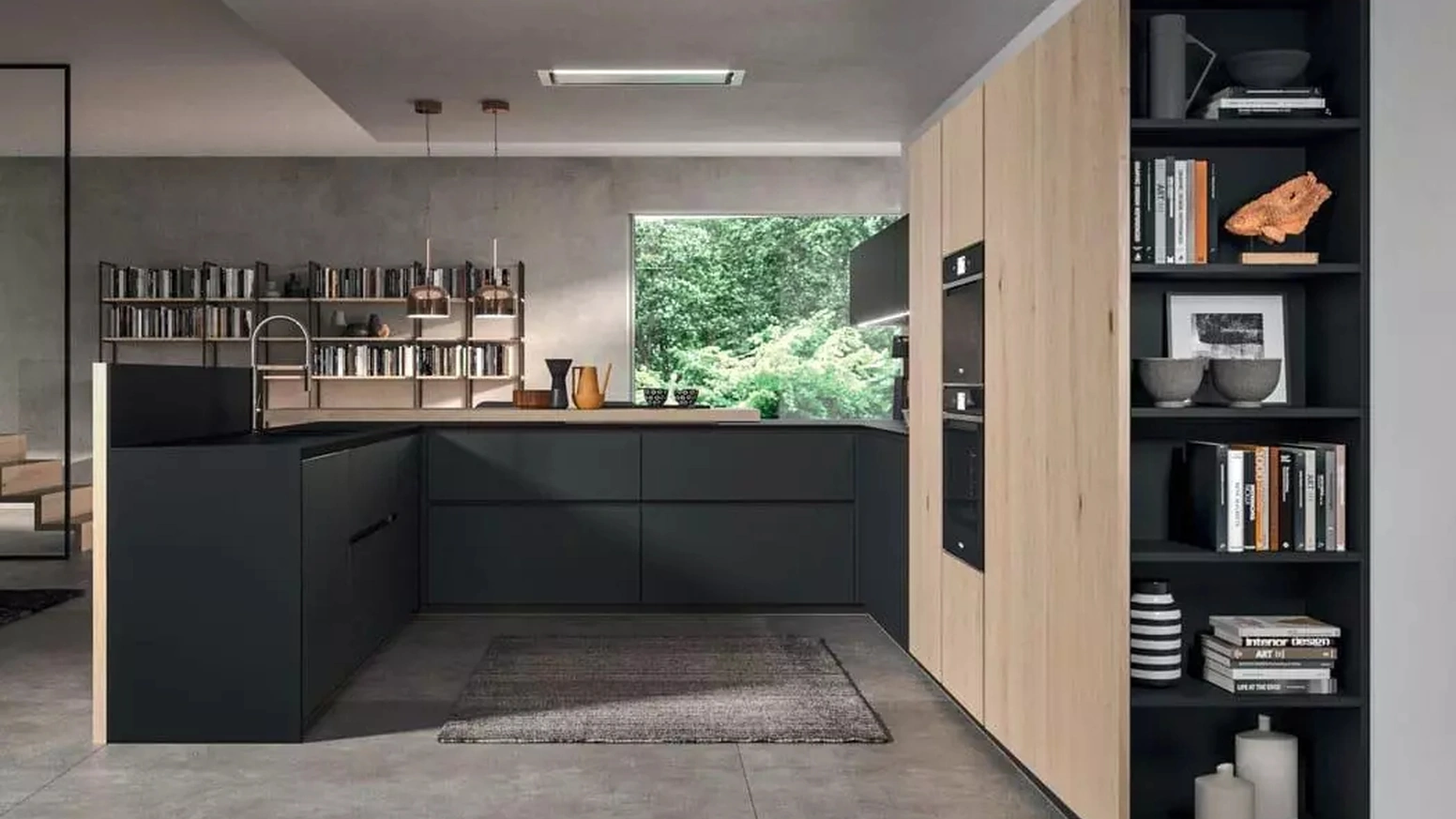 Cucina Moderna con penisola Time 04 in vetro Nero opaco e impiallacciato Rovere nordico nodato di Gentili Cucine