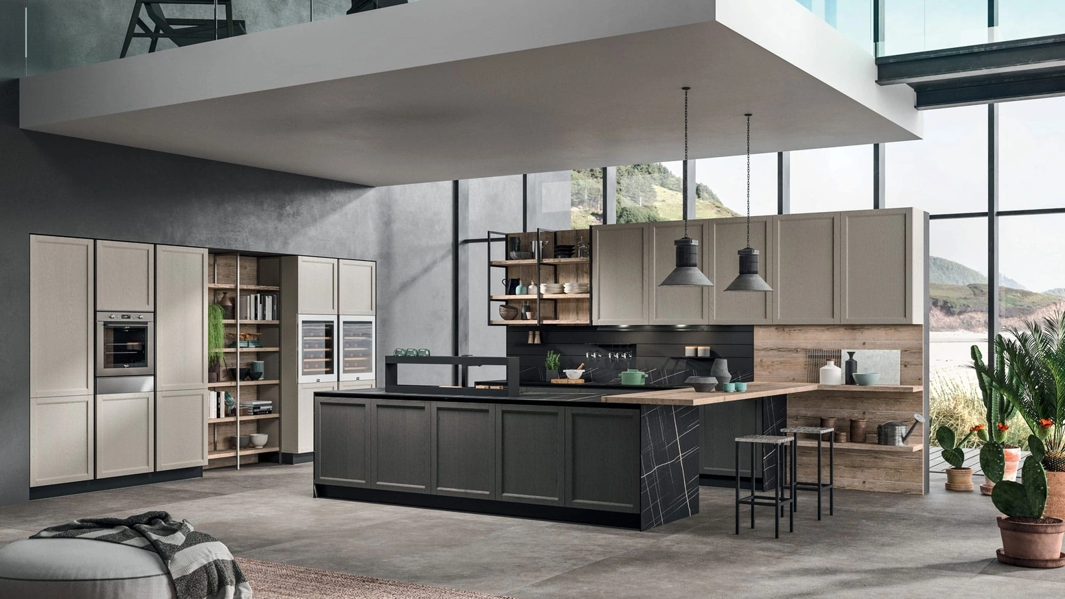Cucina Moderna Time 10 in Rovere laccato Grigio Perla, Rovere tinto Grafite e legno antico Old Abete saponato di Gentili Cucine