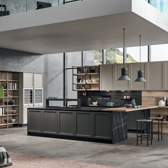 Cucina Moderna Time 10 in Rovere laccato Grigio Perla, Rovere tinto Grafite e legno antico Old Abete saponato di Gentili Cucine