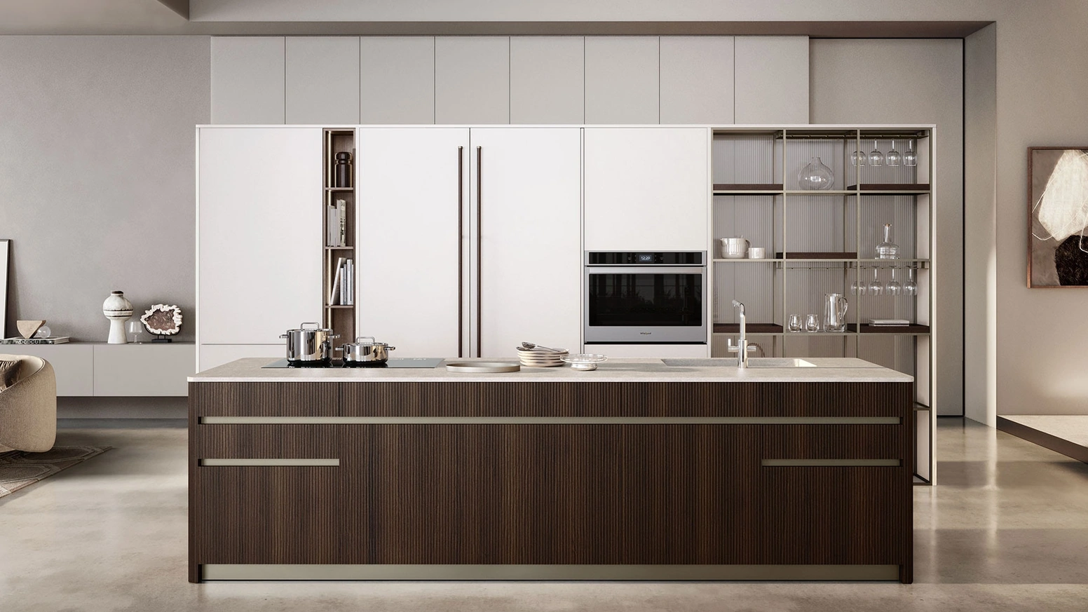 Cucina Moderna con isola Iconica 08 in Rovere Scuro Canneté e Bianco Perla di Veneta Cucine