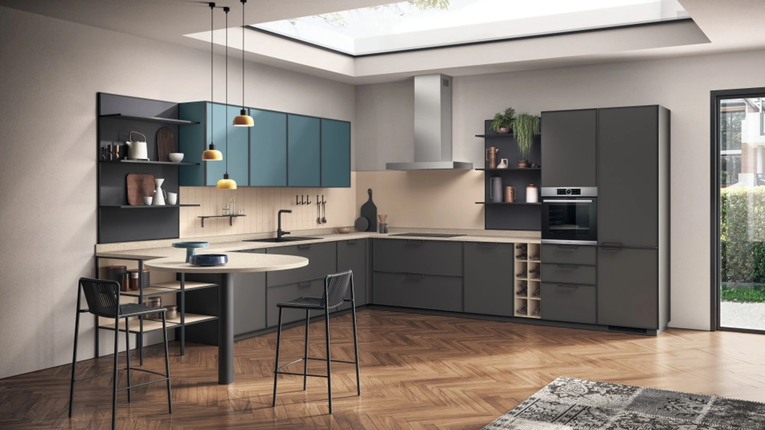 Cucina Moderna Jeometrica 02 in laccato opaco Grigio Ferro e Verde Ottanio di Scavolini