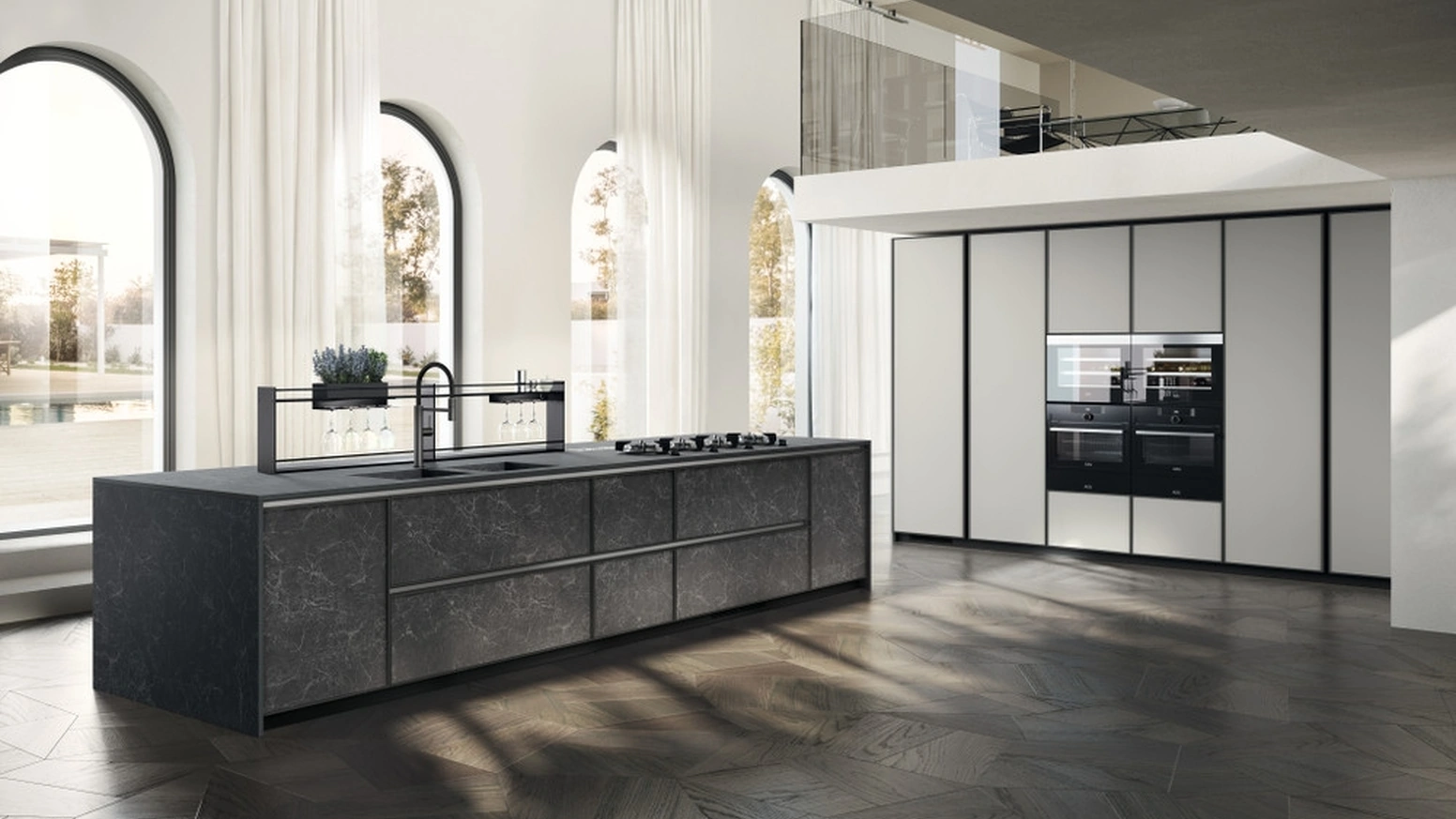 Cucina Moderna Jeometrica 06 in gres Nero Greco e Fenix Grigio Efeso di Scavolini