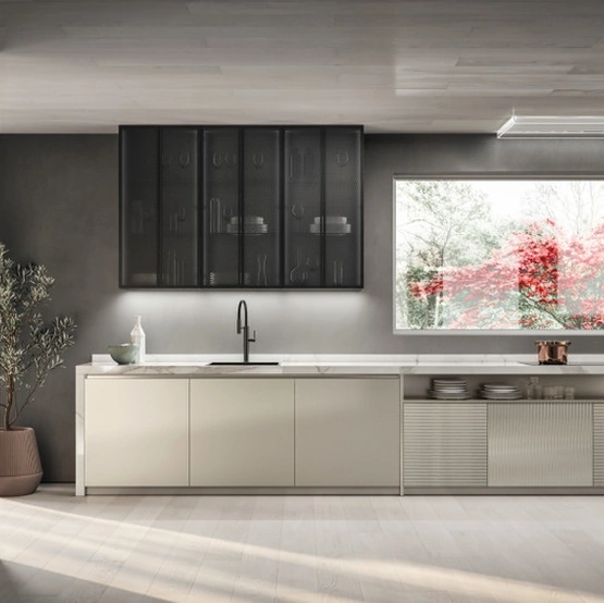 Cucina Moderna lineare Libra 03 in vetro opaco rigato e liscio Perlage di Scavolini