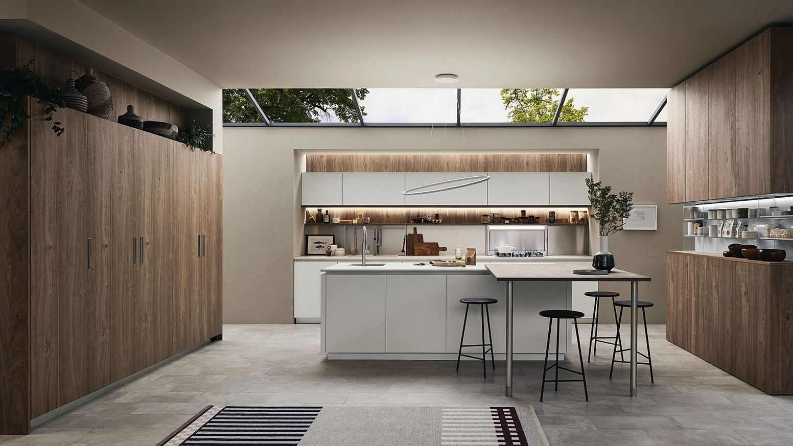 Cucina Moderna Lounge 11 con isola in laccato Bianco Puro e Noce Nodoso di Veneta Cucine