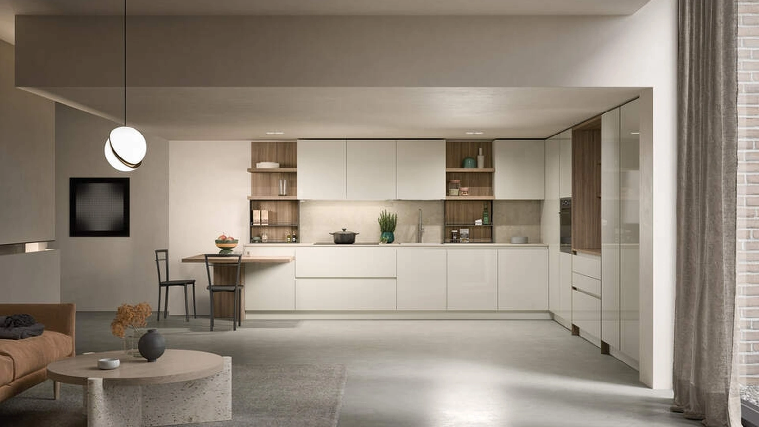 Cucina Moderna angolare laccata lucida con dettagli in legno Luce Composizione 05 di Prima Cucine