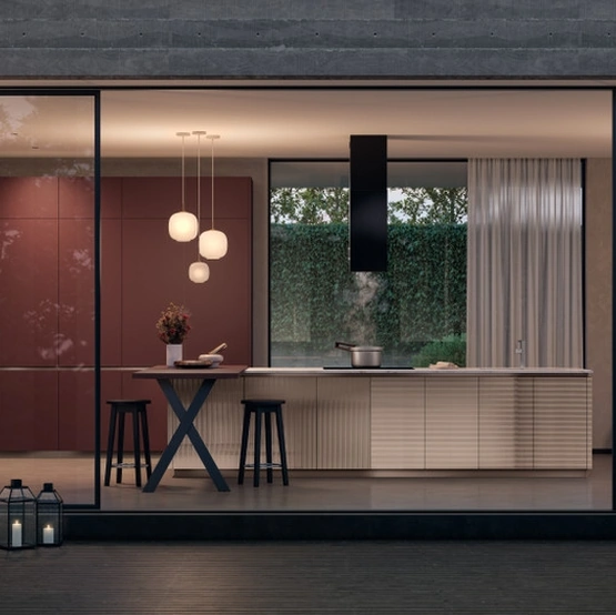 Cucina Moderna Lumina 03 in vetro dogato Pas Dosé e Fenix Rosso Jaipur di Scavolini