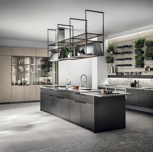 Cucina Moderna Mia 01 in Acciaio Scuro e Biomalta Argilla Dehli di Scavolini