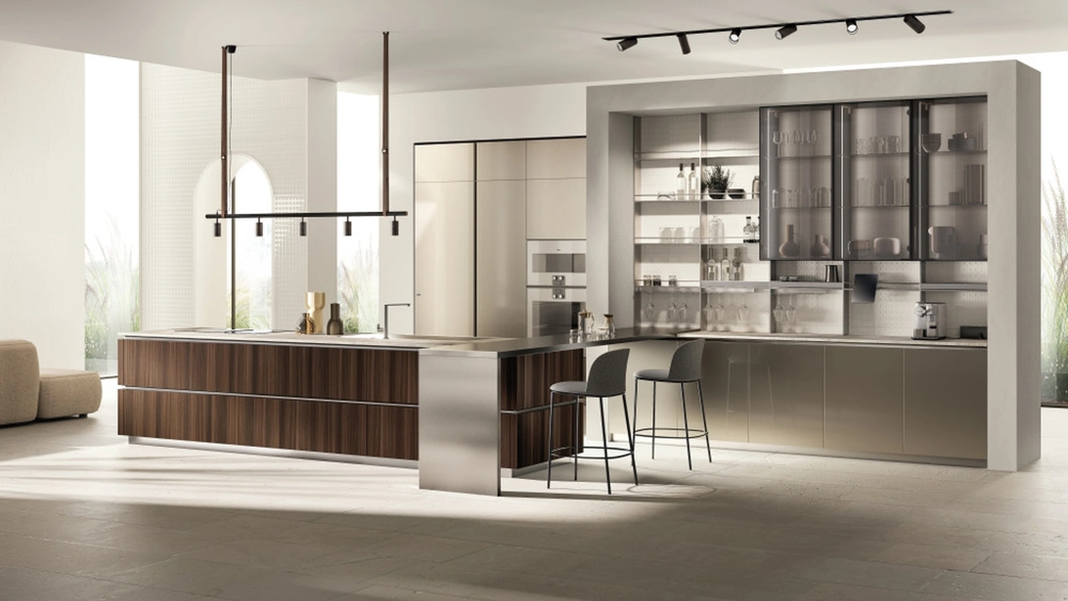 Cucina Moderna Mira 01 in Eucalipto e laccato lucido Perlage di Scavolini