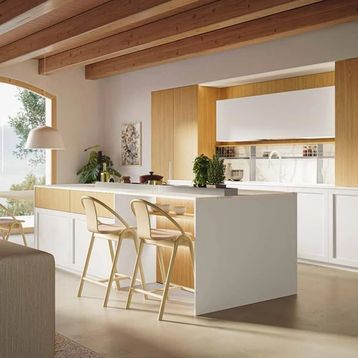 Cucina Moderna con isola MK06 in pet Bianco e melaminico Oak Naturale di Gentili Cucine
