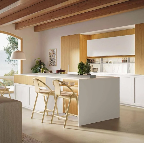 Cucina Moderna con isola MK06 in pet Bianco e melaminico Oak Naturale di Gentili Cucine