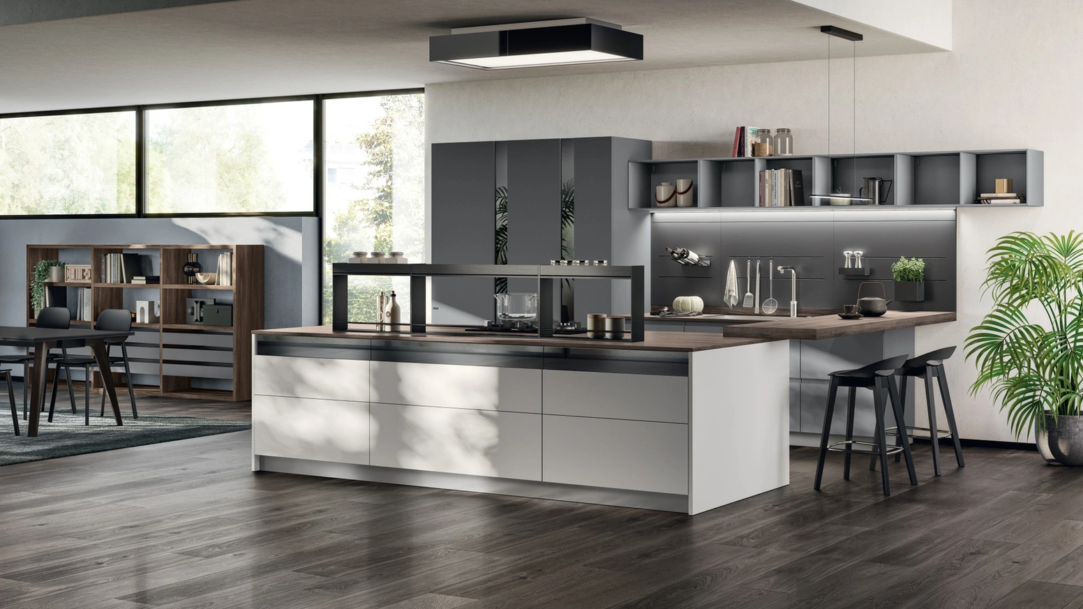 Cucina Moderna Motus 01 in laccato Grigio Airone e Grigio Vulcano di Scavolini