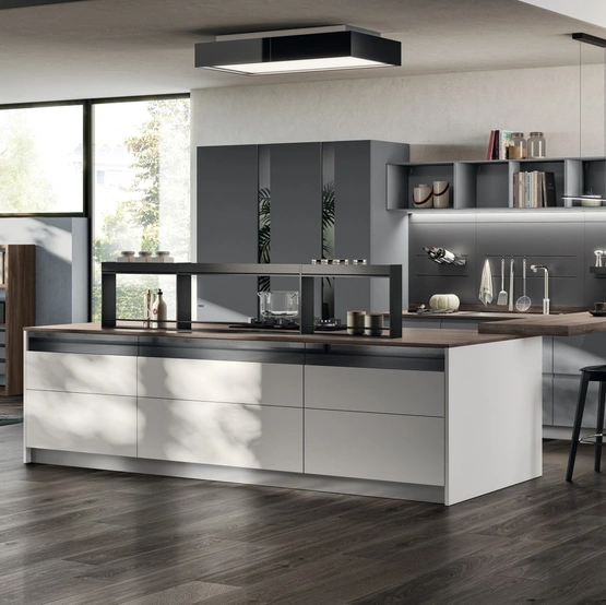 Cucina Moderna Motus 01 in laccato Grigio Airone e Grigio Vulcano di Scavolini