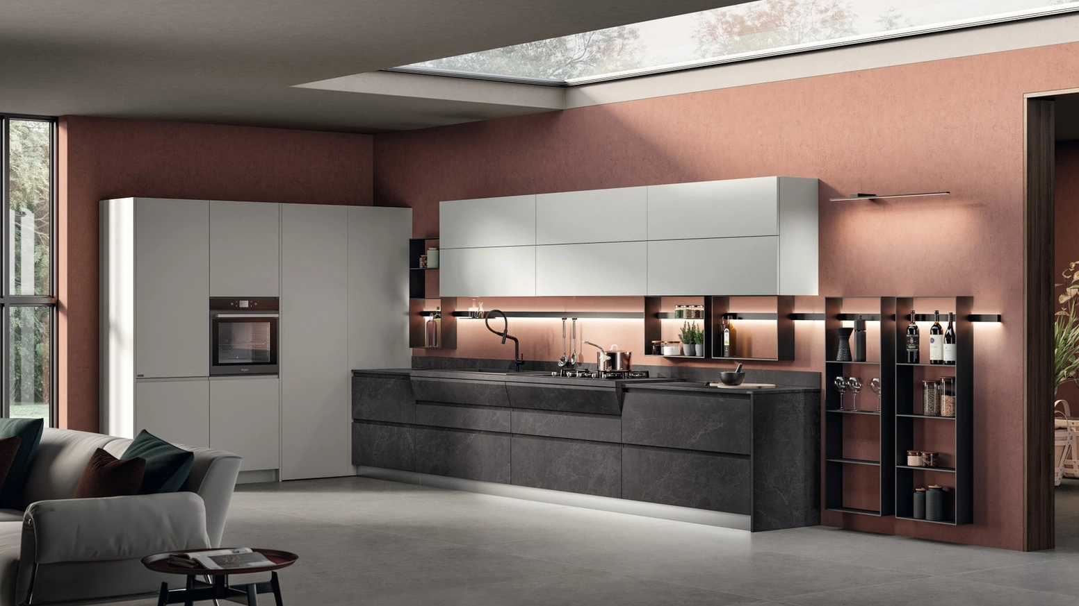 Cucina Moderna Motus 04 in decorativo Pietra Abyss e laccato Grigio Airone di Scavolini