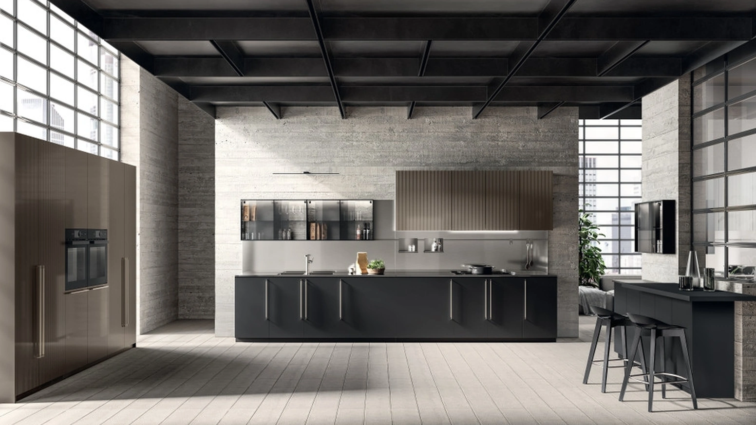 Cucina Moderna Musa 03 in Fenix Nero Ingo e laccato lucido effetto perlato di Scavolini