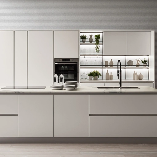 Cucina Moderna Oyster 02 con isola in laccato opaco Bianco Puro di Veneta Cucine
