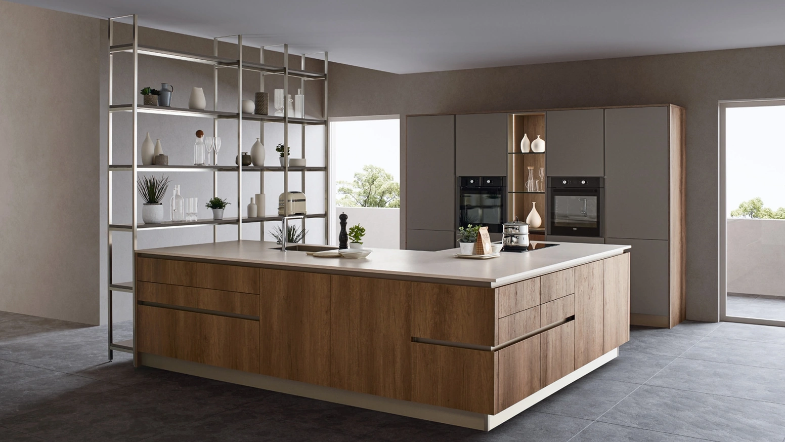 Cucina Moderna Oyster 05 con isola in finitura Leccio Cognac di Veneta Cucine