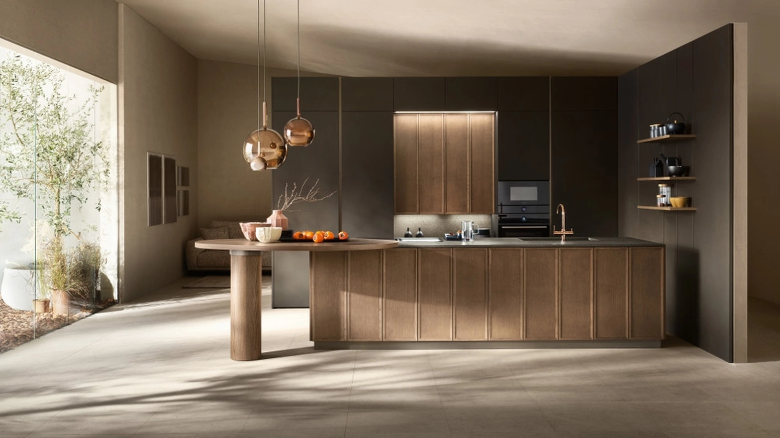 Cucina Moderna con isola Poetica 01 in legno di Frassino e PET di Scavolini