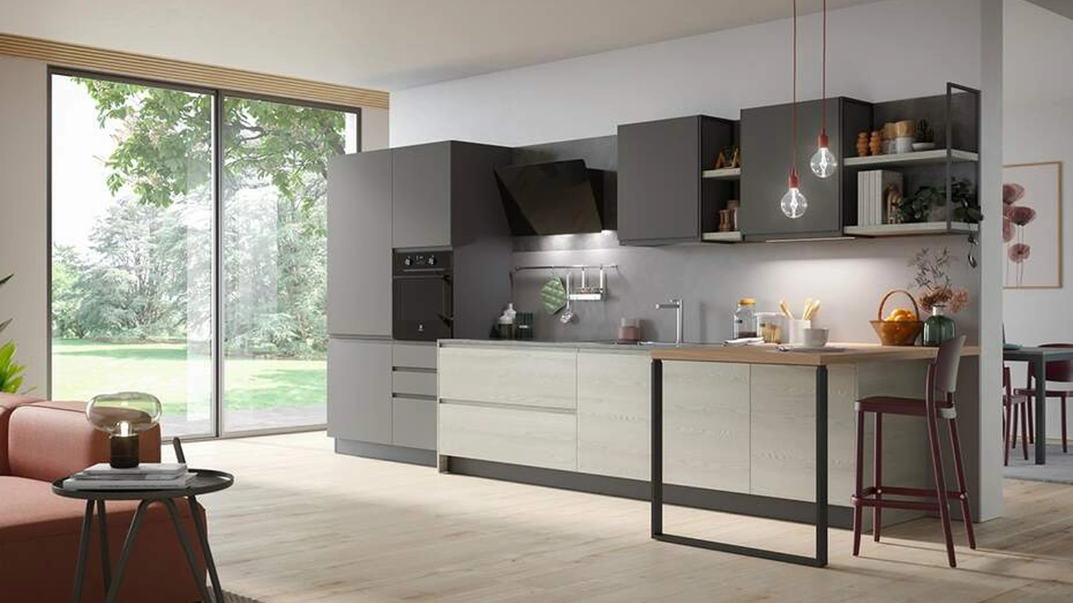 Cucina Moderna in laminato frassino e pet con penisola Fly Composizione 04 di Prima Cucine