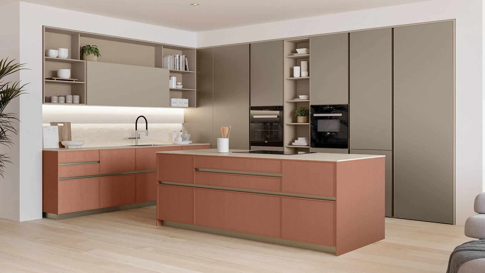Cucina Moderna con isola Sakura 03 Laccato opaco Frassino Rosso Babila e laccato Alabastro di Veneta Cucine
