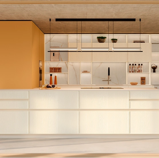 Cucina Moderna con penisola Sakura 11 in Frassino laccato Bianco e laccato opaco Pesca di Veneta Cucine