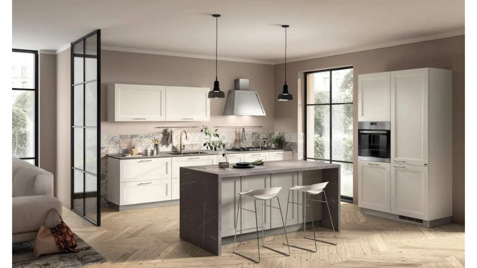 Cucina moderna con isola Colony 01 in laccato Bianco opaco di Scavolini
