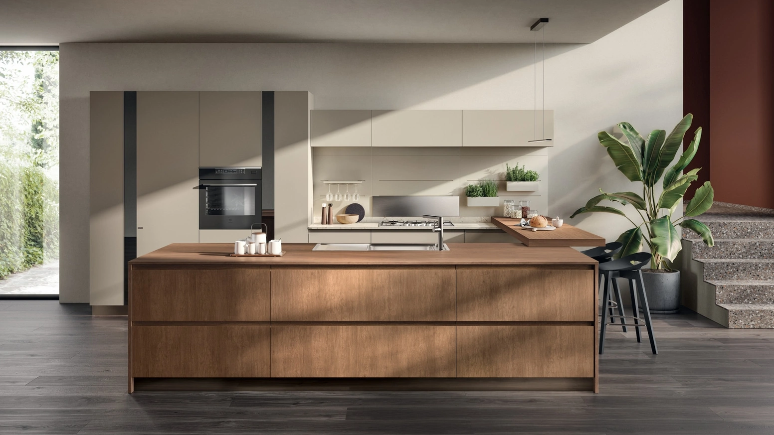 Cucina Moderna Motus 02 in Rovere Landscape e laccato opaco Visone di Scavolini