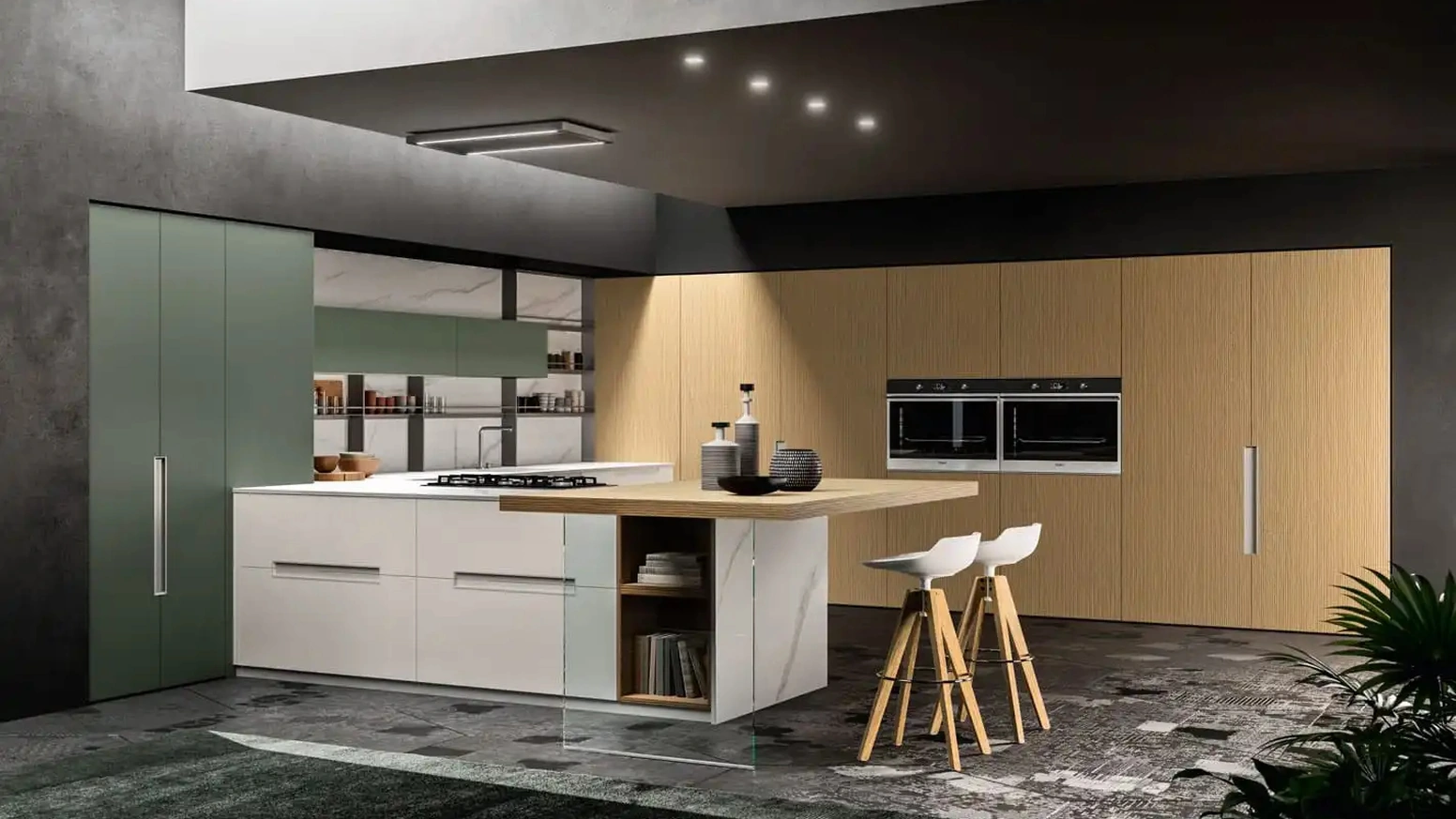 Cucina Moderna con penisola Time 04 2023 in Pet opaco Felce e Bianco e cannettato Grano di Gentili Cucine