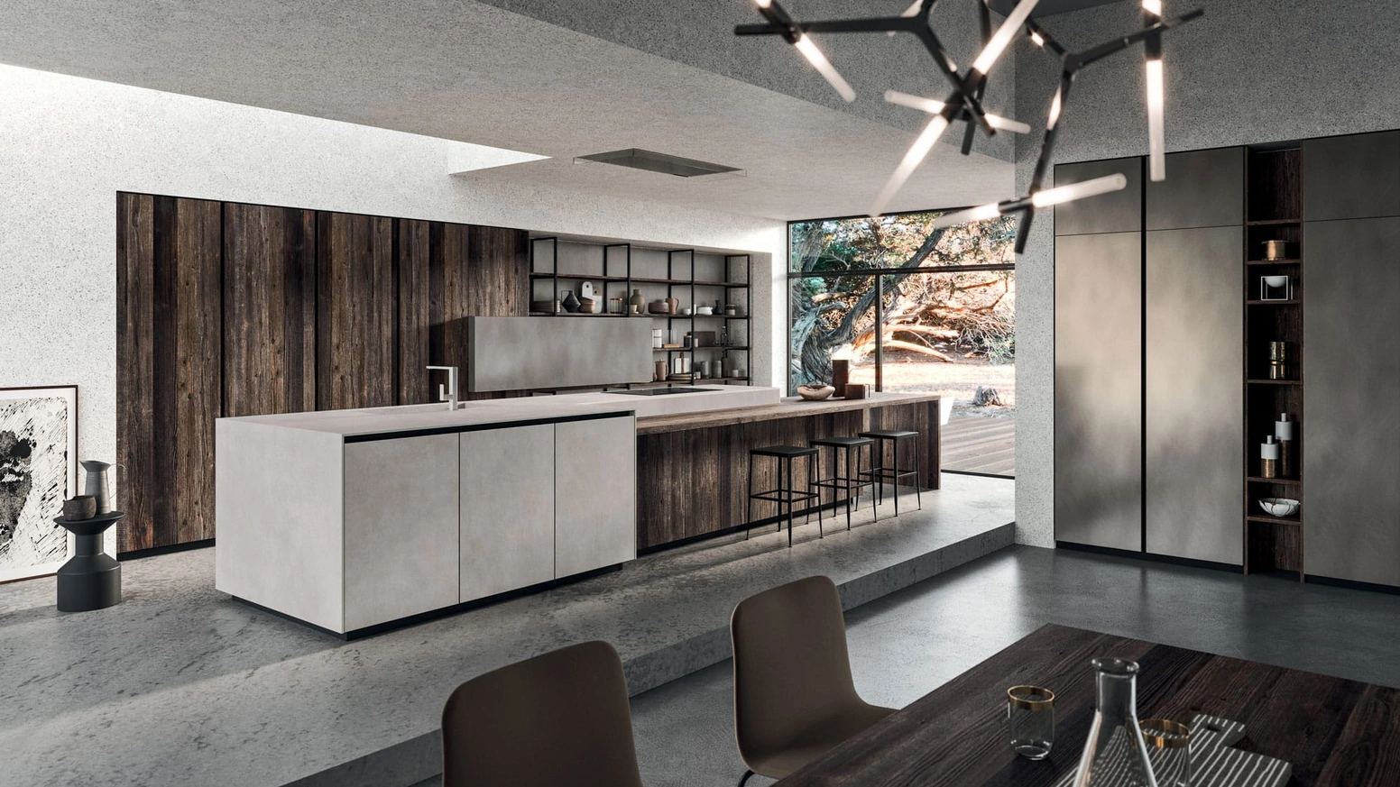 Cucina Moderna con isola Time 06 in legno antico Old Abete multicolor e laminam Calce Grigio di Gentili Cucine