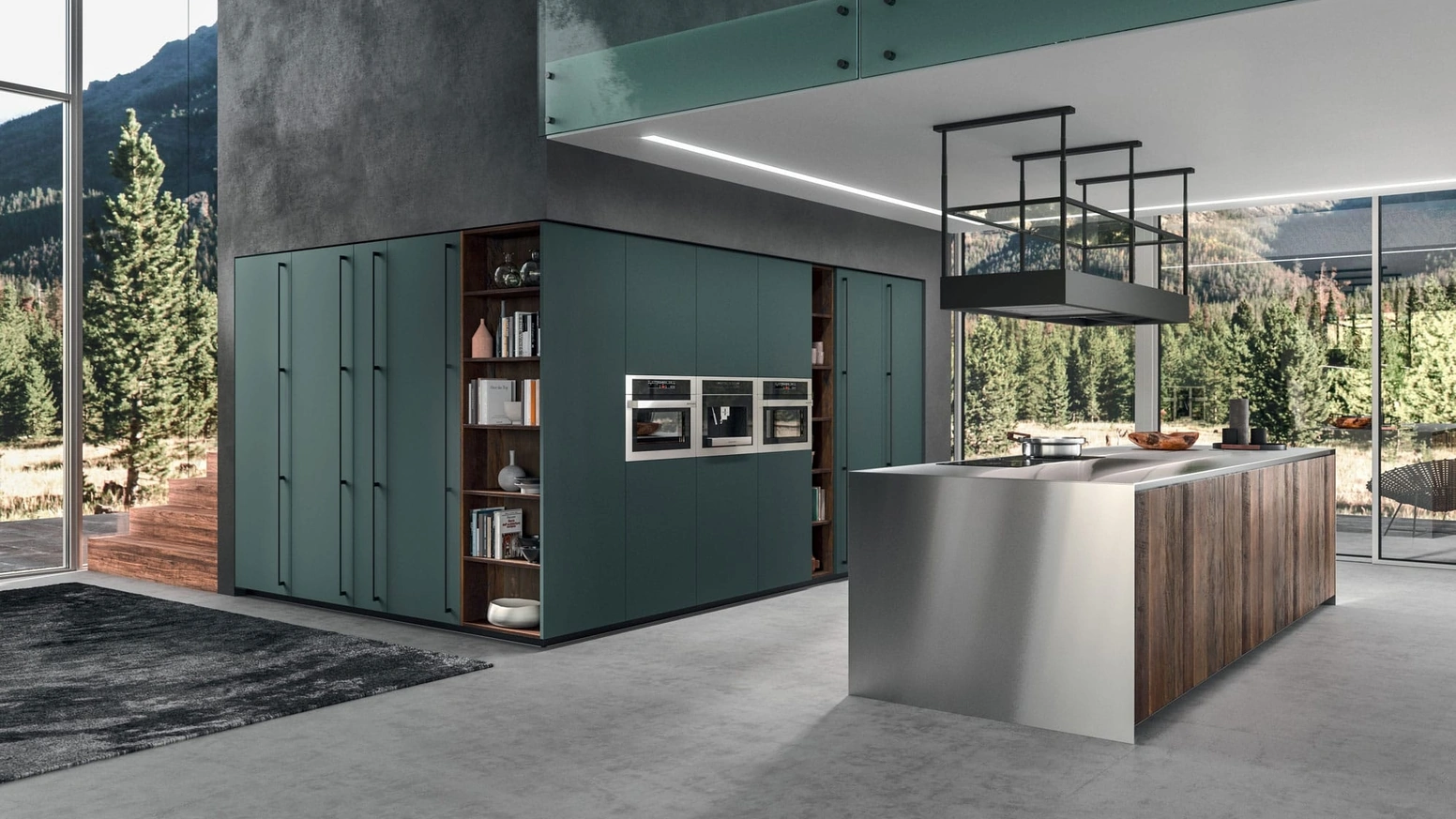 Cucina Moderna con isola Time 07 in legno Old Rovere Ascia e acciaio con colonne Fenix Verde Comodoro di Gentili Cucine