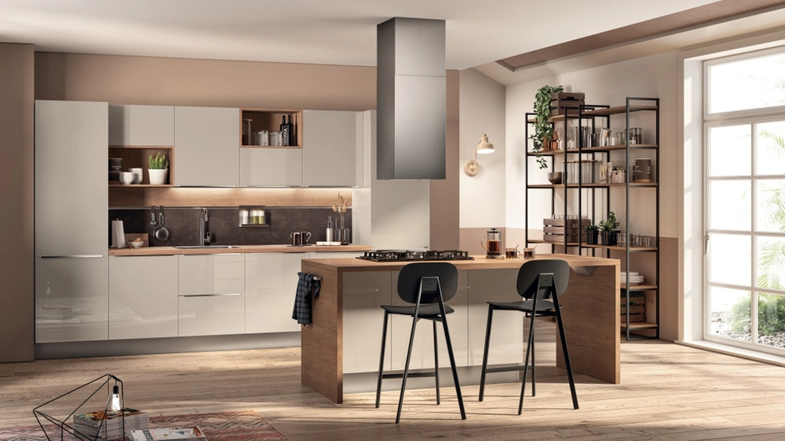 Cucina Moderna con isola Urban & Urban 01 in laccato lucido Sabbia con top in laminato Rovere Land di Scavolini