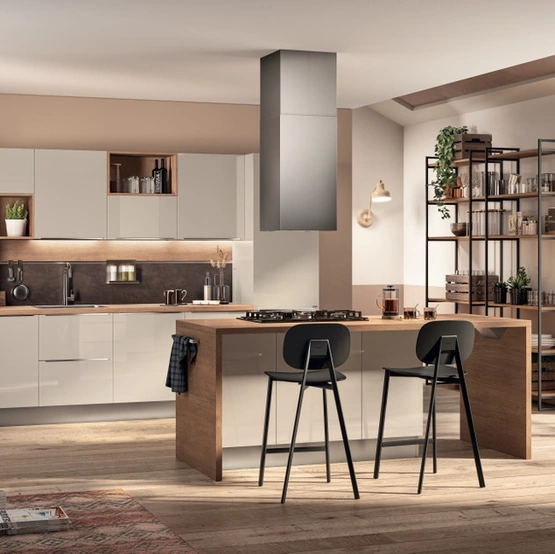 Cucina Moderna con isola Urban & Urban 01 in laccato lucido Sabbia con top in laminato Rovere Land di Scavolini