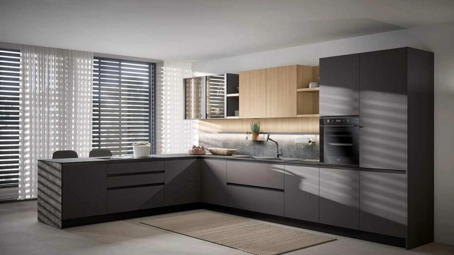 Cucina Moderna con penisola Zoe Composizione 02 in pet e melaminico rovere di Prima Cucine
