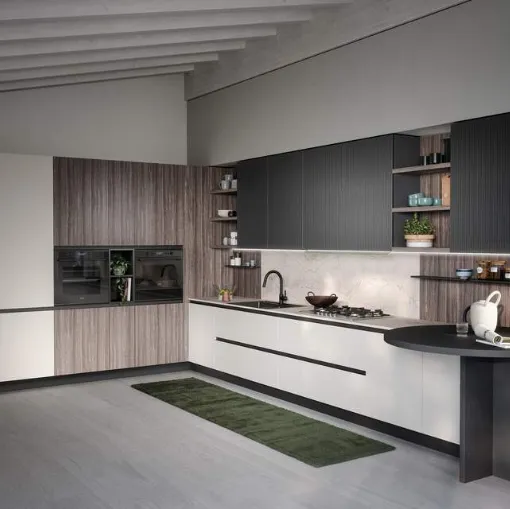 Cucina Moderna con penisola Time 09 in laminato HPL e impiallacciato Rovere di Gentili Cucine