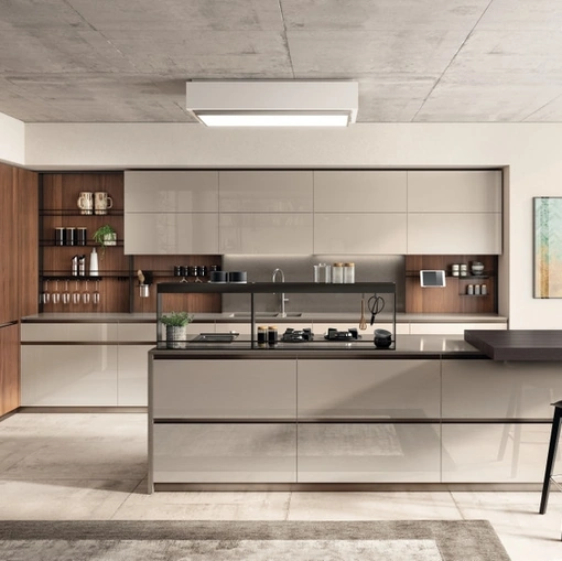 Cucina su misura con isola Boxi 02 Visone e Noce Sunset di Scavolini