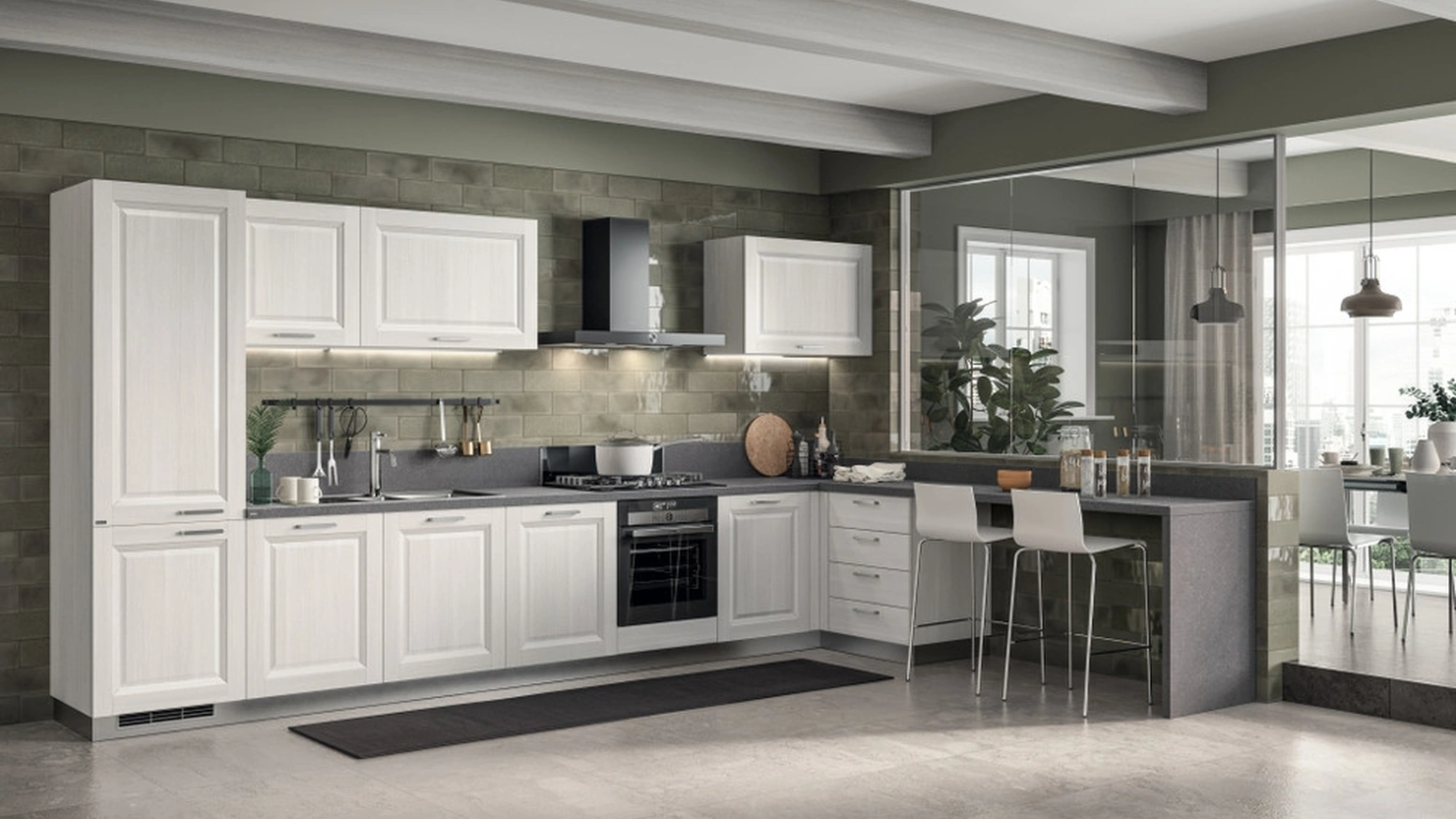 Cucina su misura angolare con penisola Family 02 in decorativo Larice Neve di Scavolini